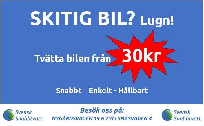 Bild som visar en skylt med information om att du tvättar bilen från 30 kr hos Svensk Snabbtvätt