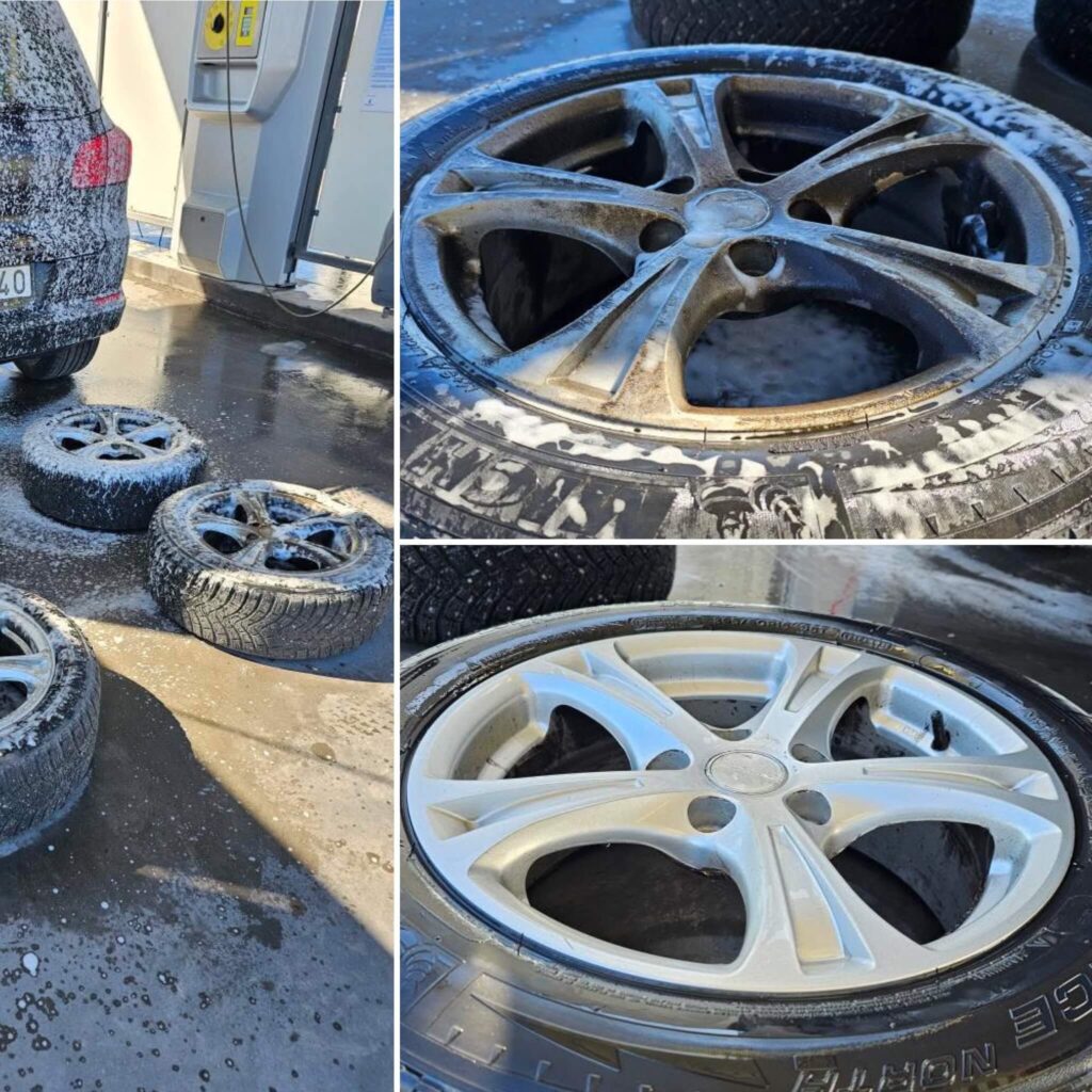 Tvätt av däck i en gör det självtvättstation hos Svensk Snabbtvätt